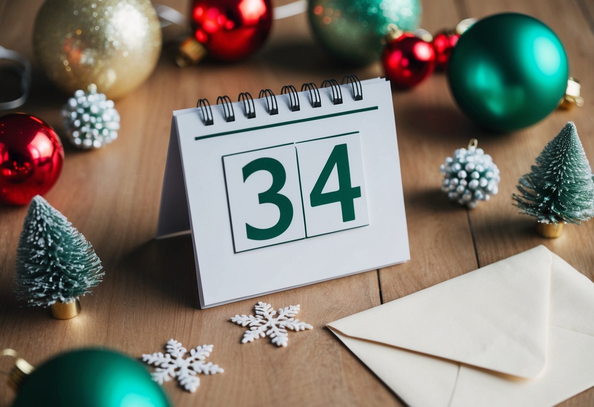 A calendar with a highlighted date, surrounded by festive decorations and an invitation envelope