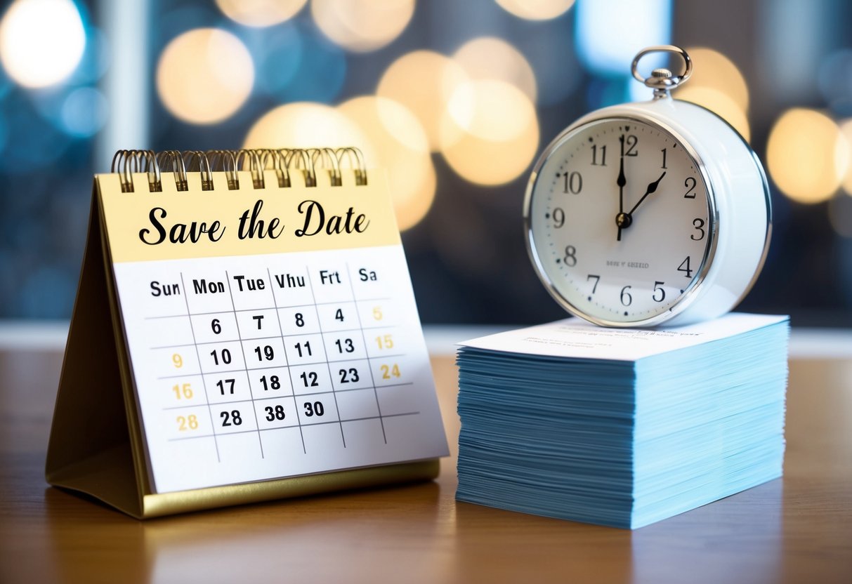 A calendar with a highlighted date, a stack of formal invitations, and a clock showing the appropriate timing for sending save the date for a party