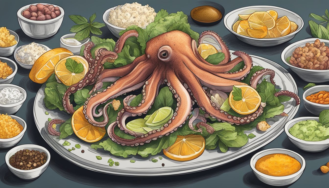 A plate of raw octopus surrounded by various accompaniments and condiments