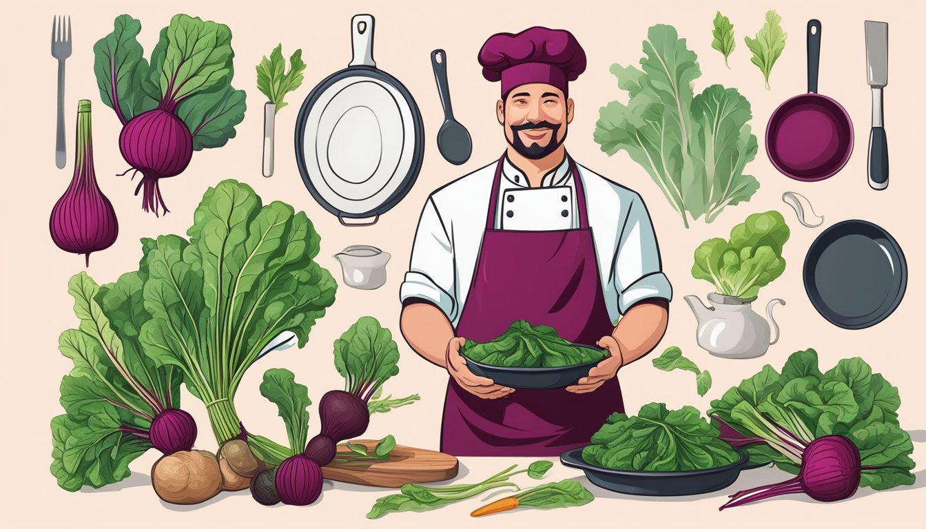 A chef holding a bunch of vibrant, unripe beet greens with a thoughtful expression, surrounded by various cooking utensils and ingredients