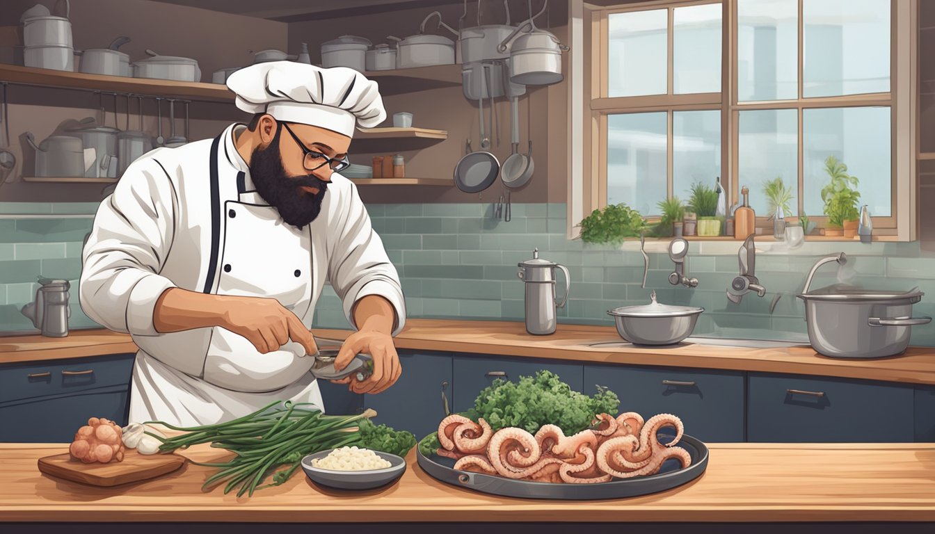 A chef carefully prepares a raw octopus, wearing gloves and using separate cutting boards for other ingredients. A sign nearby warns of potential allergic reactions