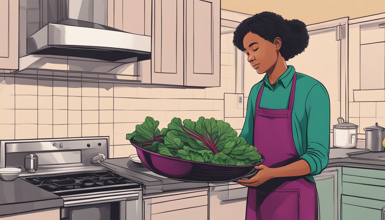 A person standing in a kitchen, holding a bunch of uncooked beet greens in one hand and a plate of cooked beet greens in the other