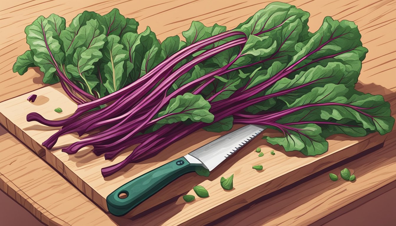 Unripe beet greens scattered on a cutting board, next to a knife and a question mark