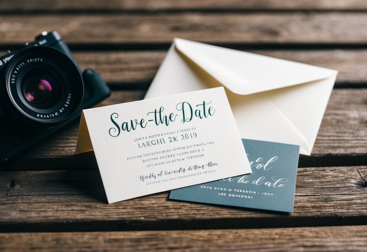 A save-the-date and wedding invitation on a rustic wooden table