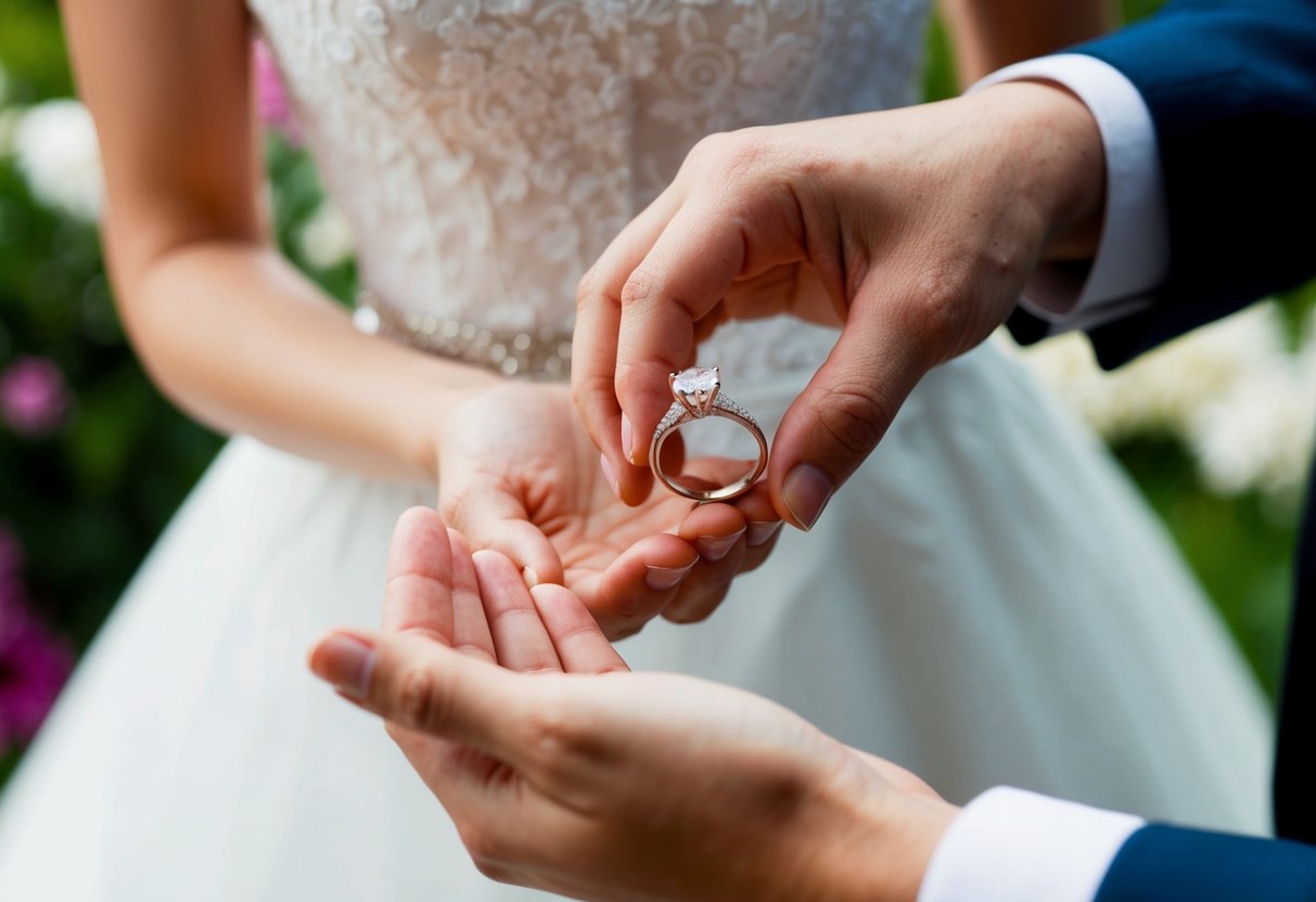 A wedding ring being passed from one hand to another