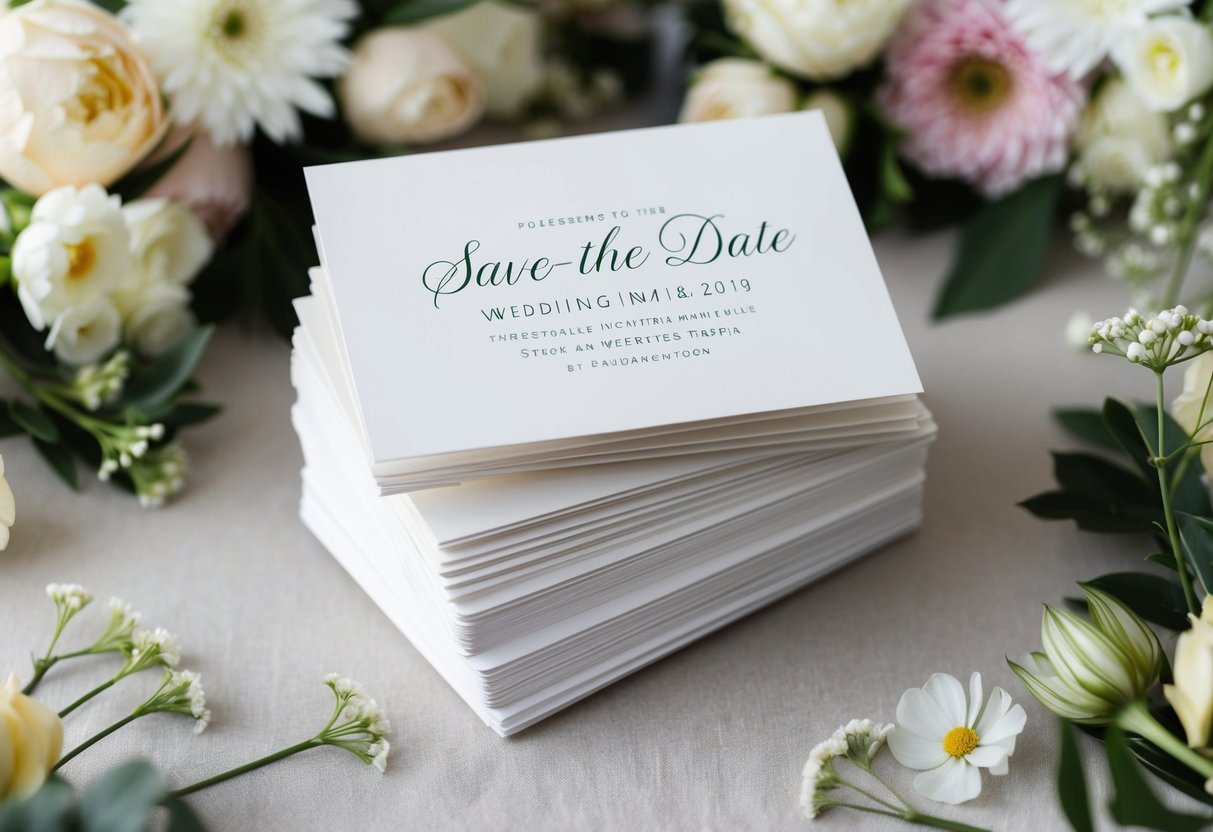 A stack of elegant save-the-date and wedding invitation cards, surrounded by flowers and wedding decor