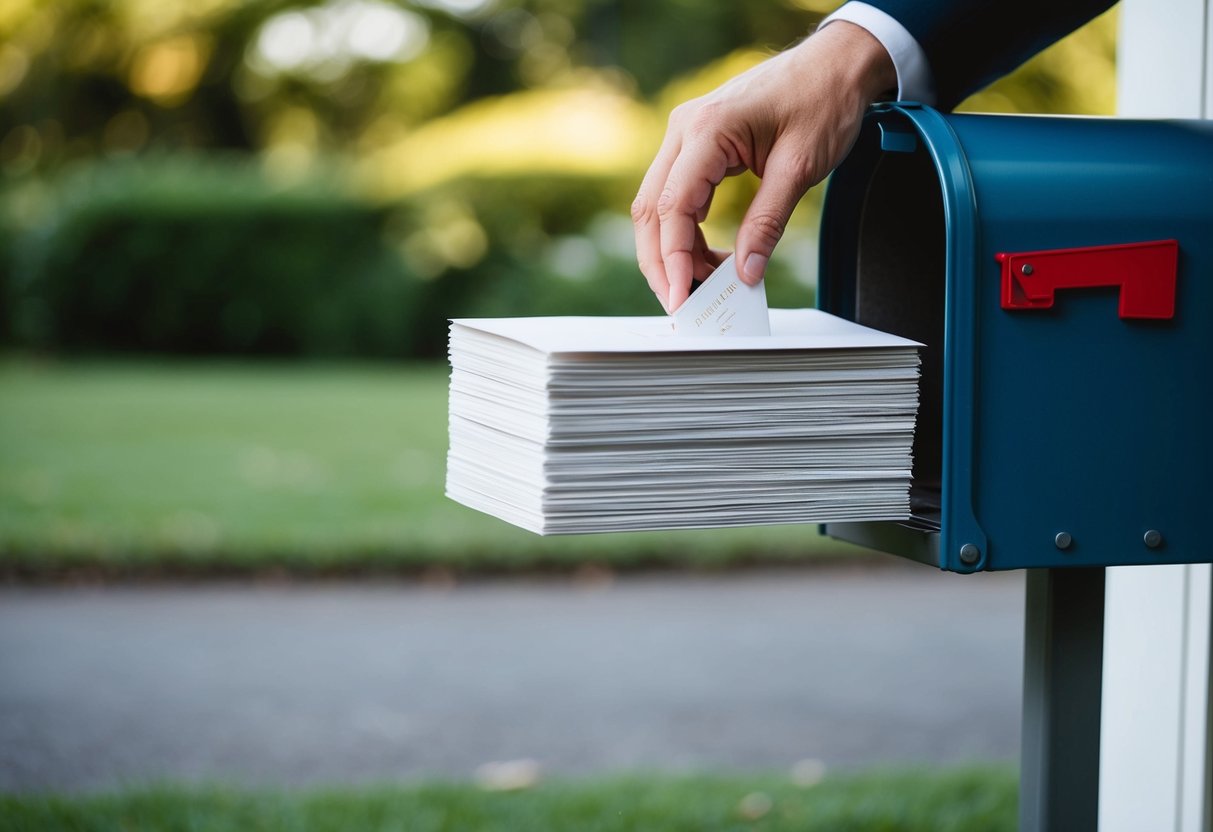 A stack of elegant wedding invitations being placed into a mailbox