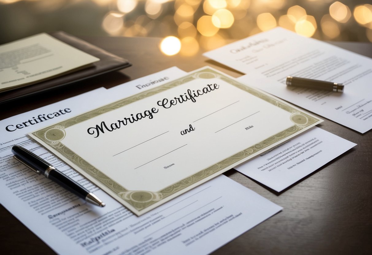 A marriage certificate with blank spaces for both the groom and bride's names, surrounded by legal documents and a pen