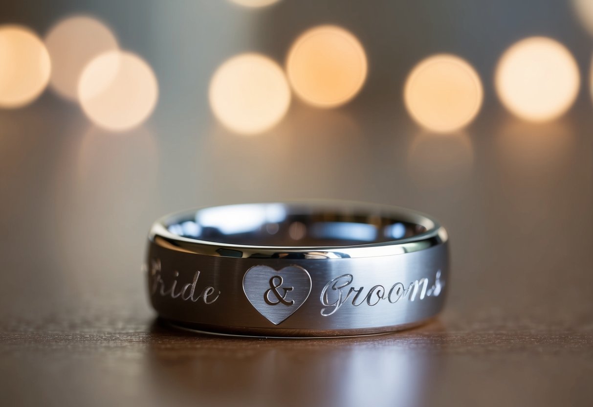 A wedding ring on a table, with the bride's and groom's names engraved inside a heart