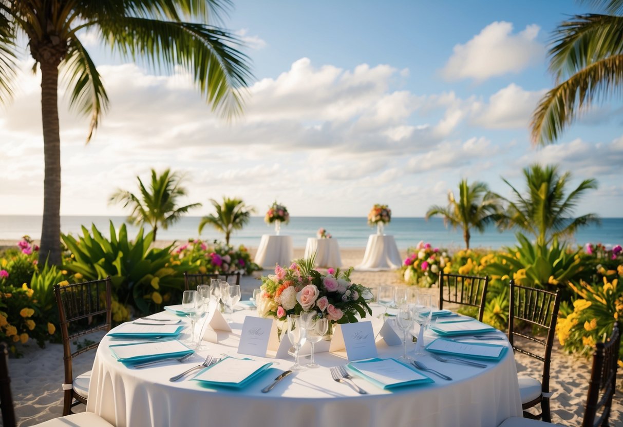 A scenic view of a beachfront wedding venue with a table adorned with elegant wedding invitations, surrounded by tropical flowers and palm trees