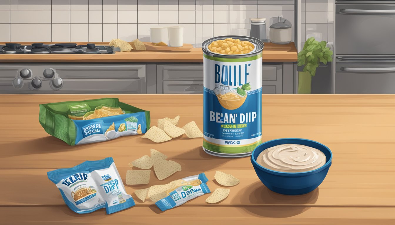 A can of expired bean dip sits on a kitchen counter, surrounded by empty chip bags and a half-eaten bowl of dip