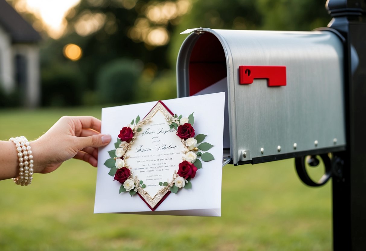 A beautifully decorated wedding invitation being placed into a mailbox