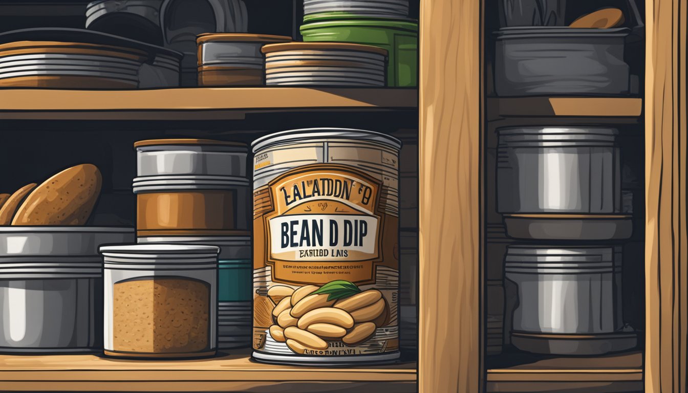 An open can of expired bean dip sits on a dusty shelf in a dimly lit pantry