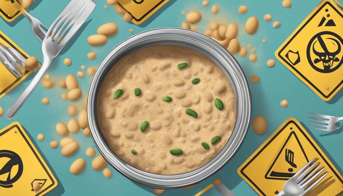 An open can of expired bean dip with visible mold, surrounded by warning signs and a crossed-out fork symbol