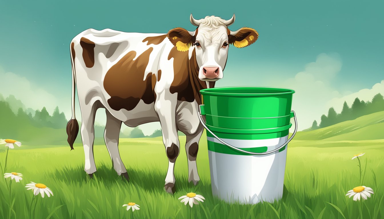 A cow standing in a green pasture, with a bucket of milk beside it and a warning sign about health risks associated with raw milk