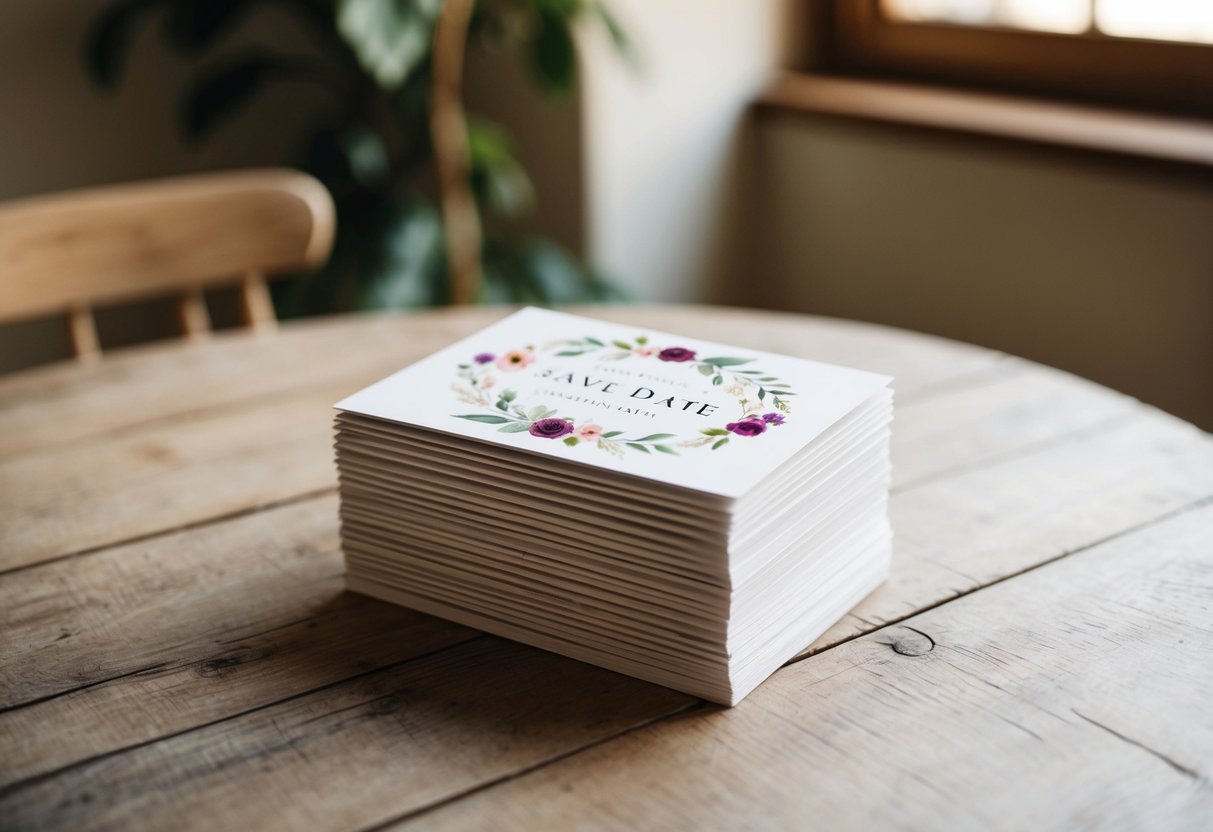 A stack of elegant save the date cards with floral designs, placed on a rustic wooden table with soft natural lighting