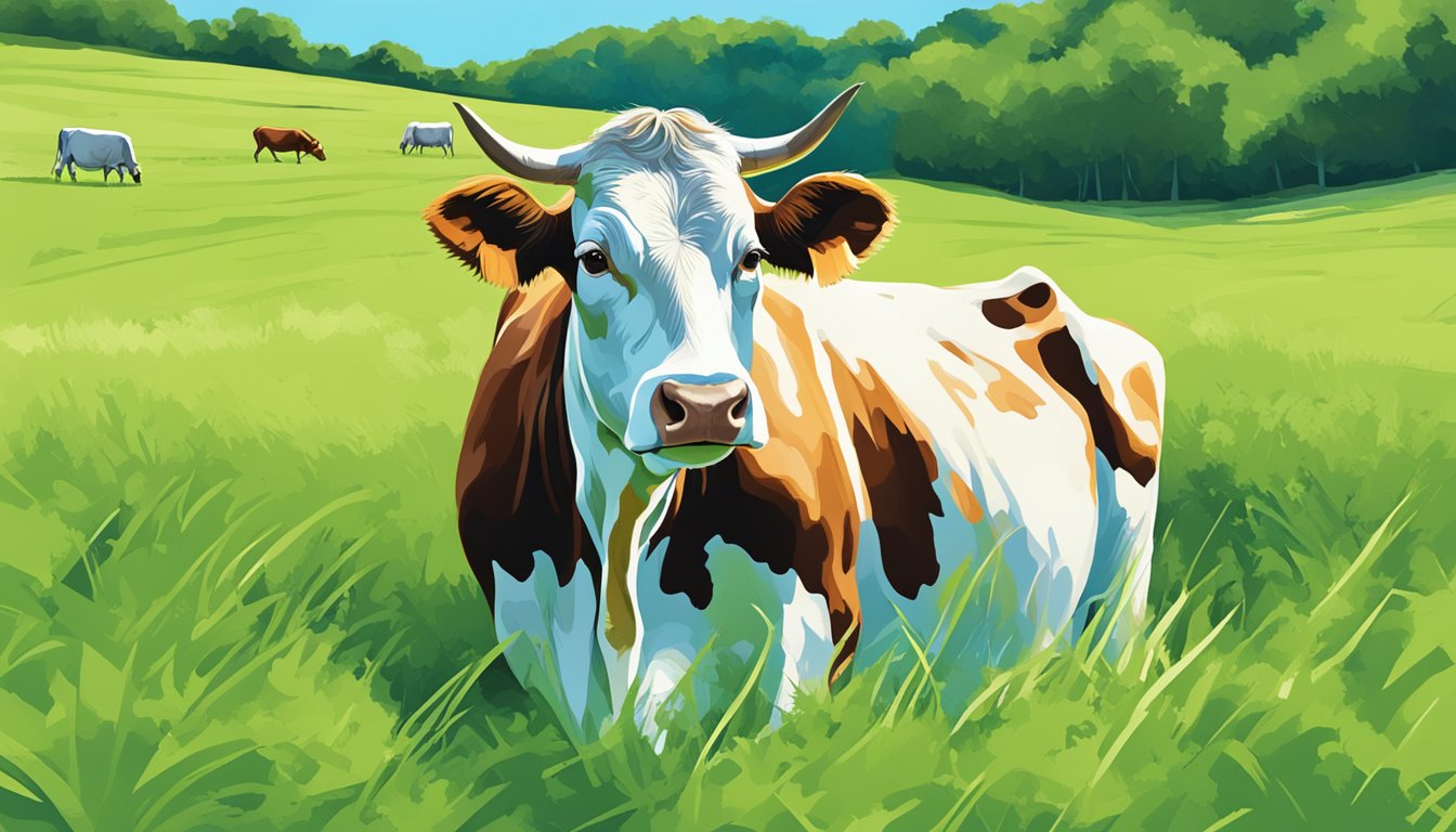 A cow grazing in a lush green pasture, with a clear blue sky overhead