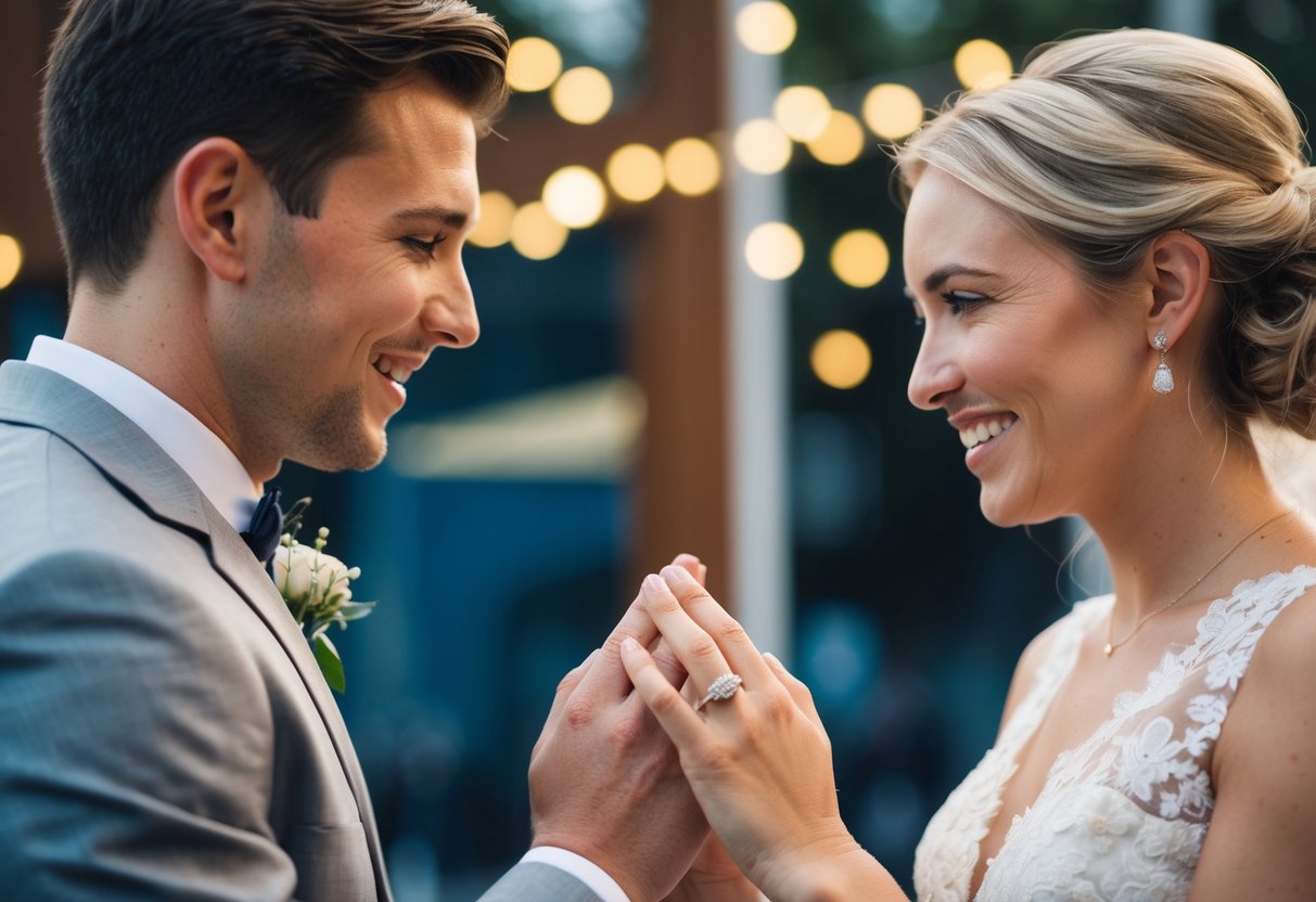 A newlywed couple exchanging rings with the bride's last name engraved on the groom's ring