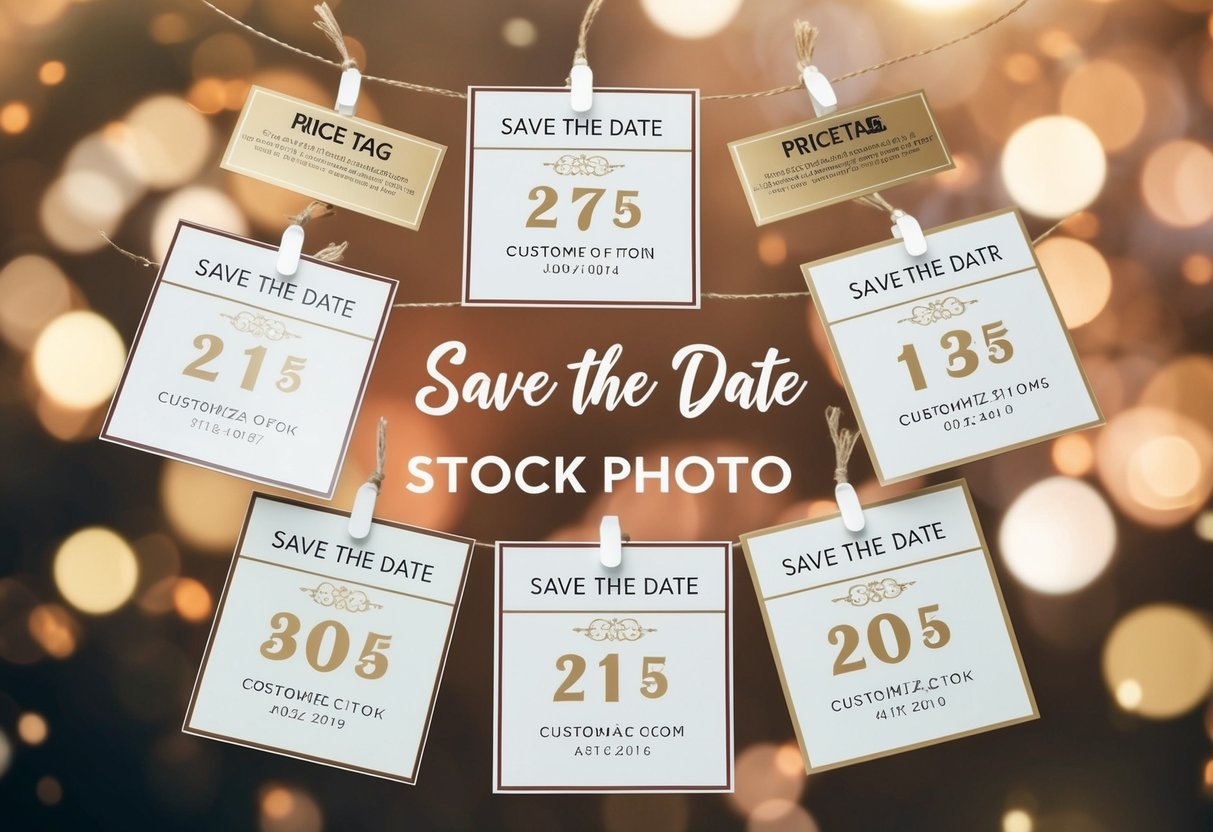 A variety of save the date designs and customization options displayed with price tags