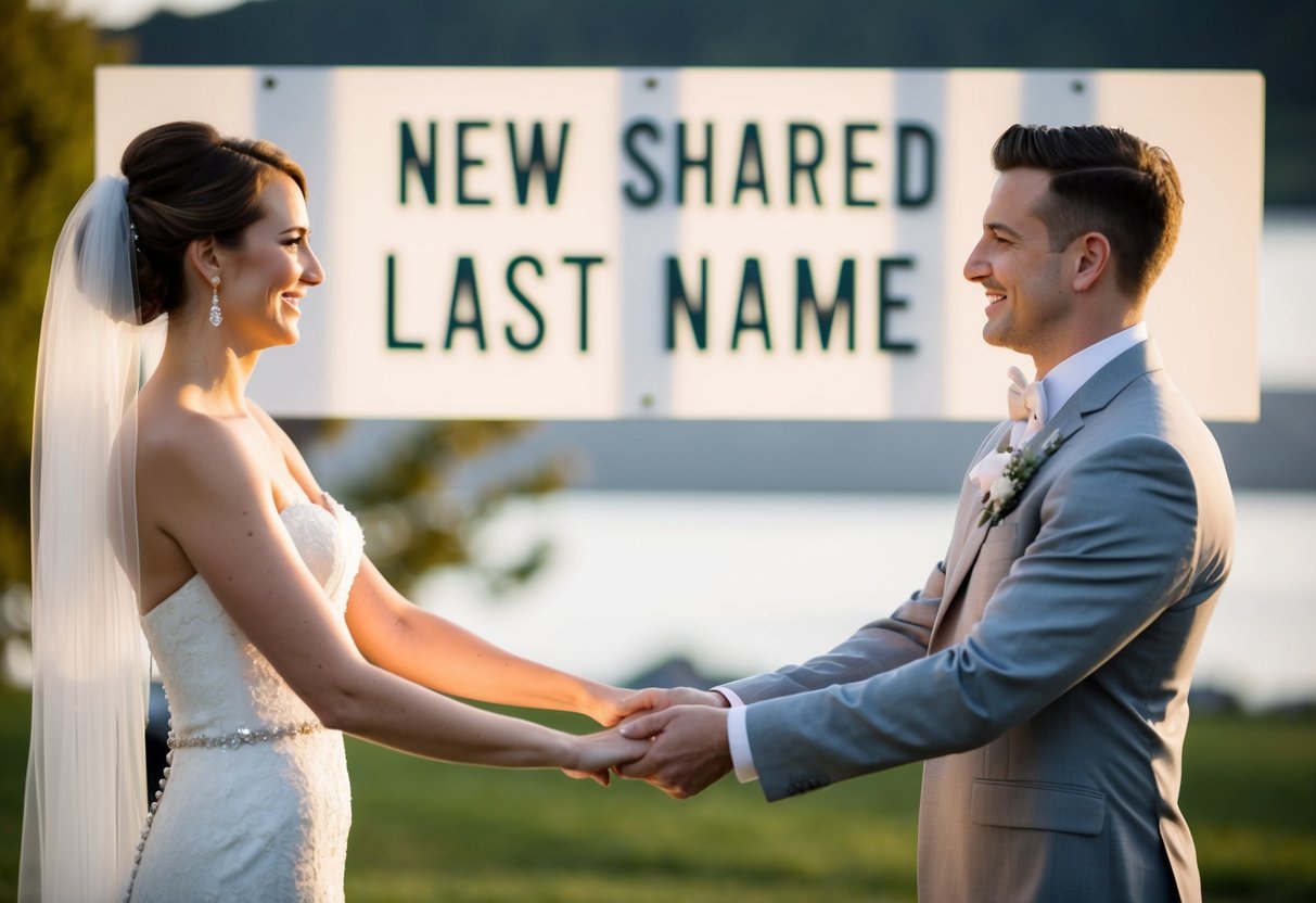 A bride and groom stand facing each other, holding hands, with a sign displaying their new shared last name in the background