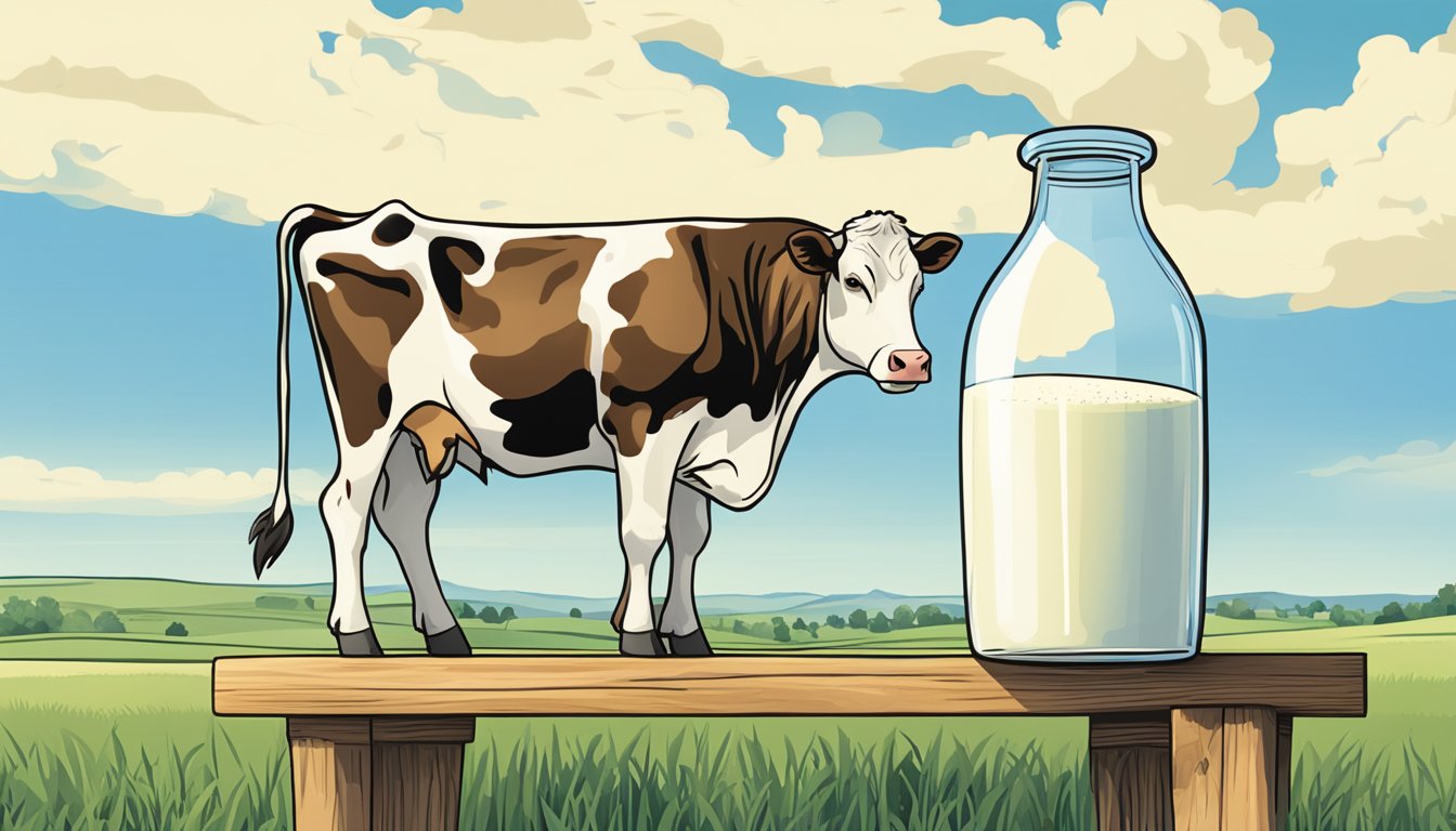 A cow standing in a green pasture, with a clear blue sky above. A glass of raw milk sits on a wooden table next to a sign reading "Benefits and Misconceptions."