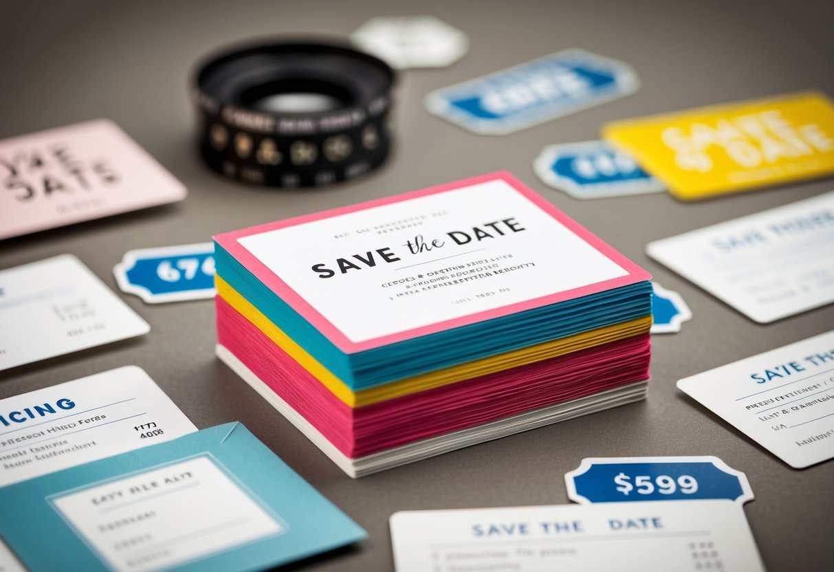 A stack of colorful save the date cards surrounded by various design elements and pricing labels