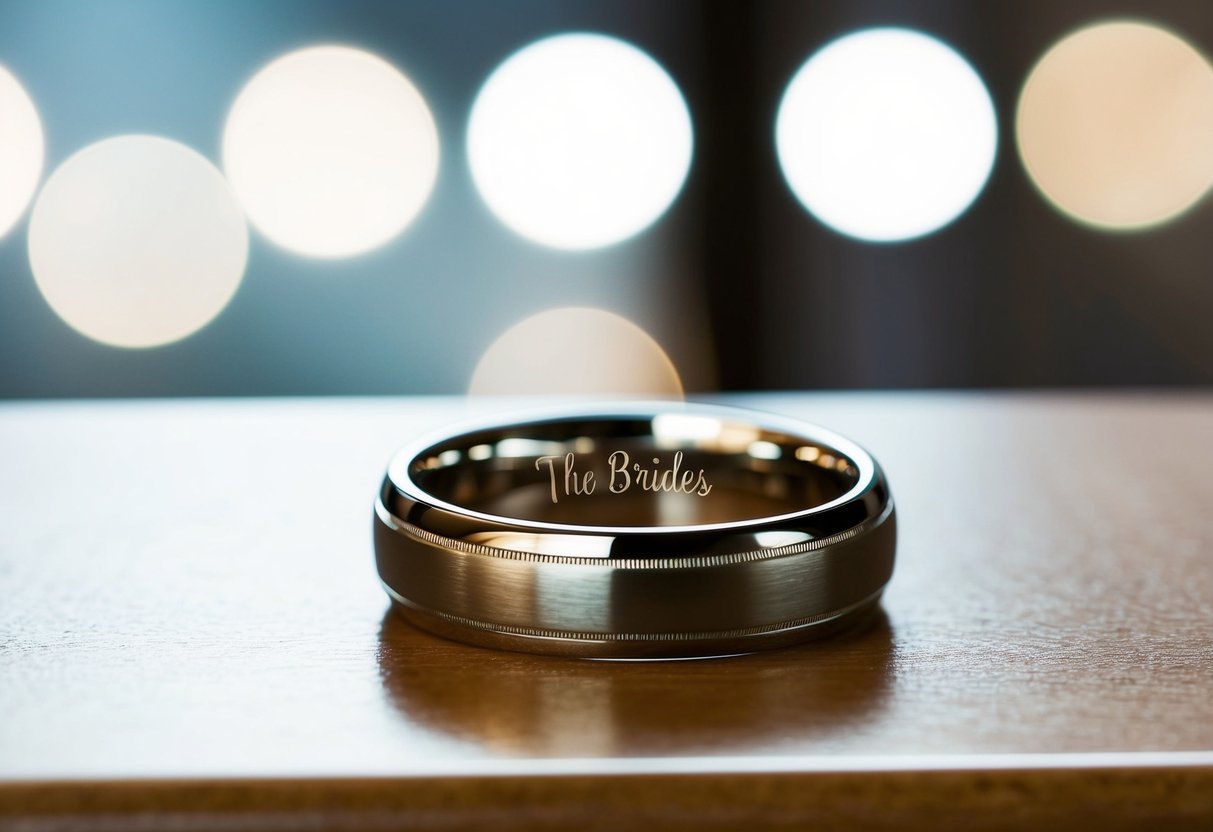 A wedding ring placed on a table, with the bride's and groom's last names engraved on the inside