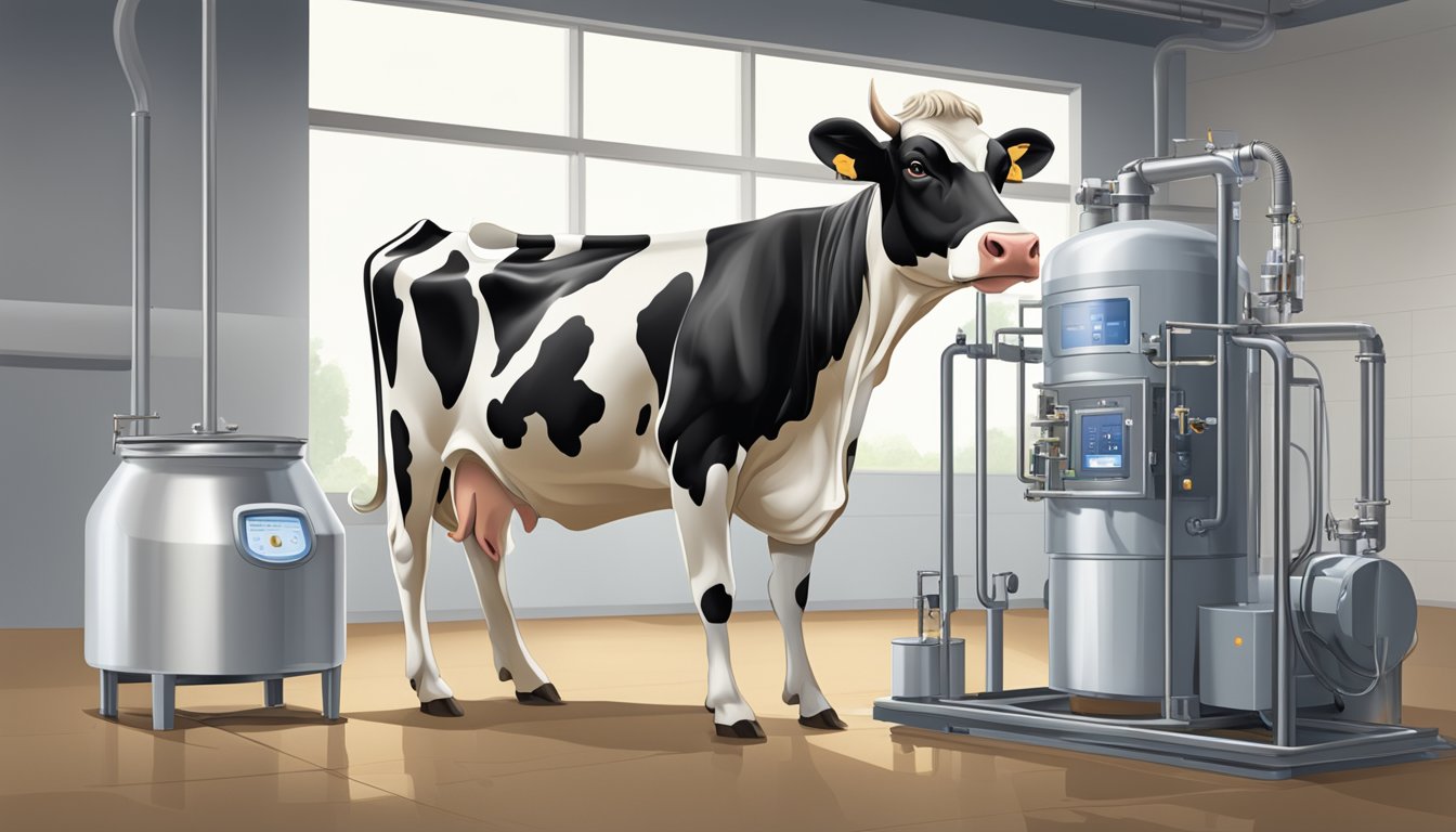 A cow standing next to a pasteurization machine, with a clear separation between raw milk and pasteurized milk