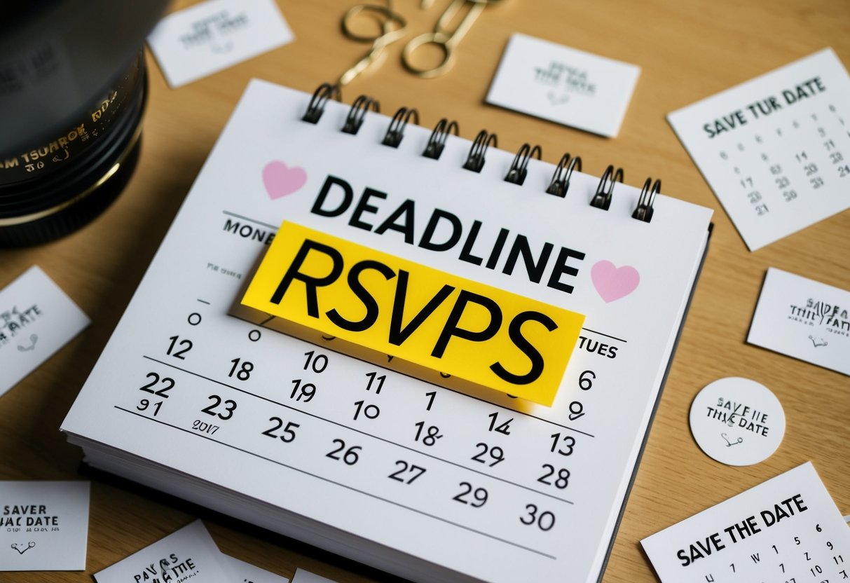 A calendar with a marked deadline date for RSVPs, surrounded by reminders and save the date cards