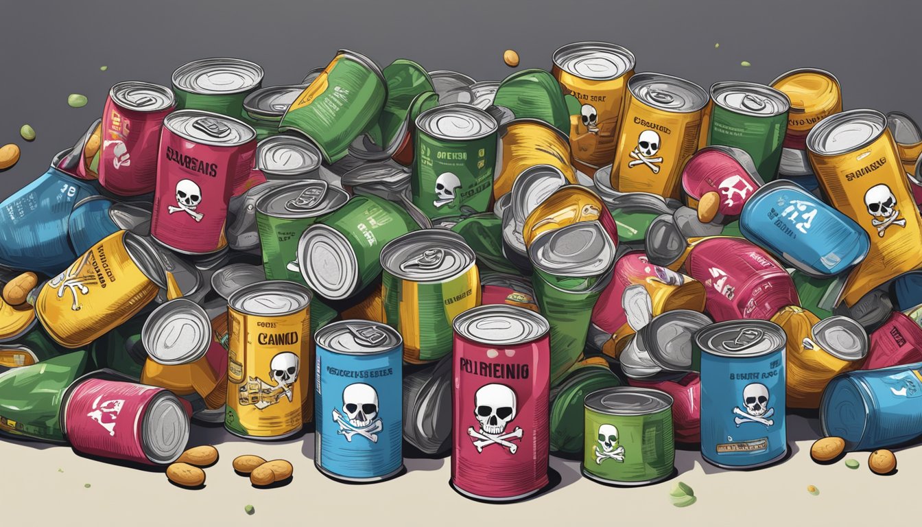 A pile of expired canned beans with bulging and dented cans, surrounded by warning signs and a skull and crossbones symbol