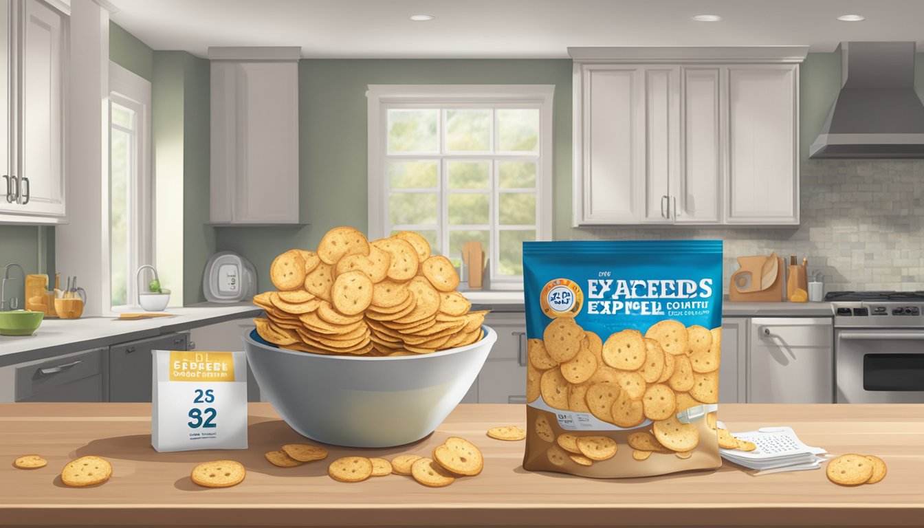 A bag of expired bagel chips sits on a kitchen counter next to a calendar showing the date of expiration. The chips appear stale and discolored