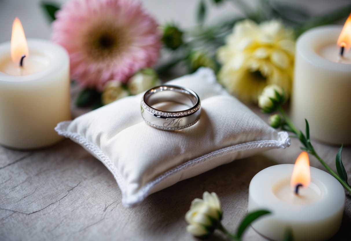 A wedding ring on a delicate pillow, surrounded by flowers and candles, with the couple's initials engraved on the ring