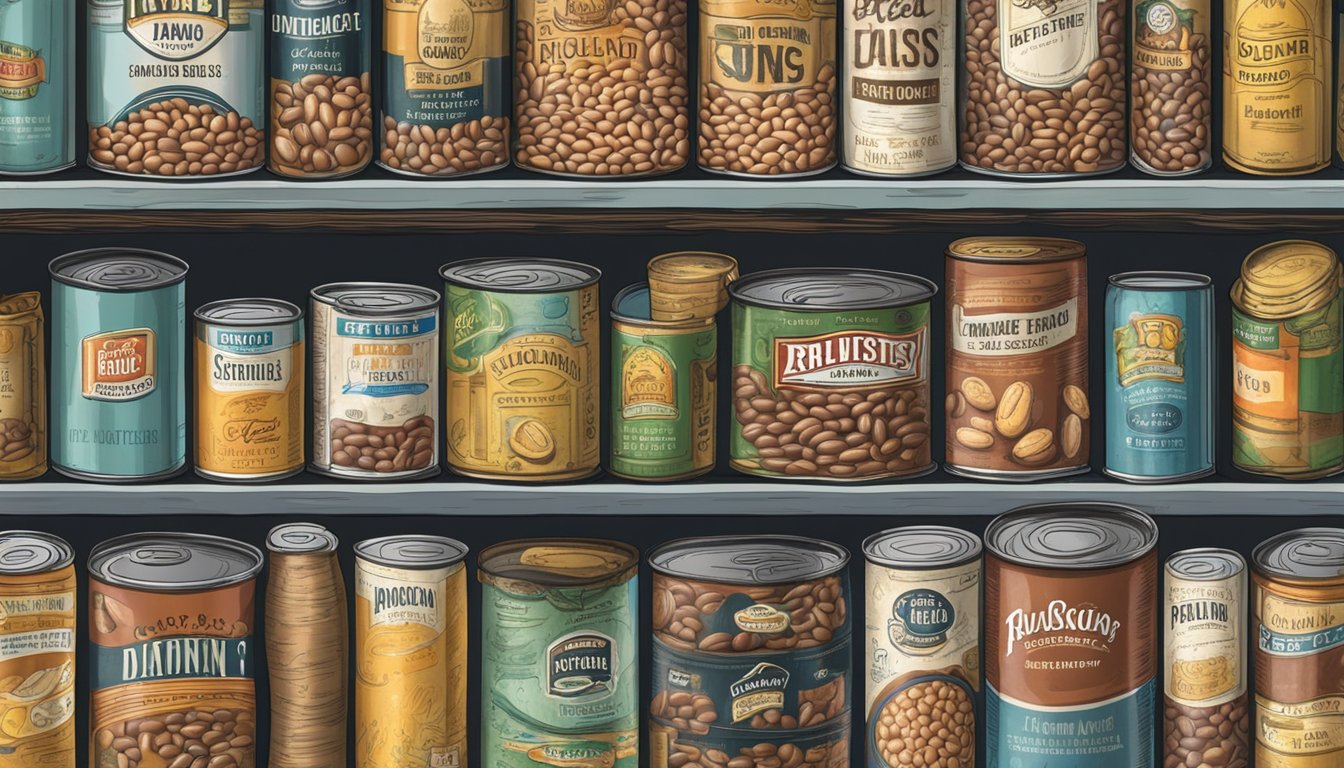 A pantry shelf with expired canned beans, some bulging and rusted, others dented and discolored