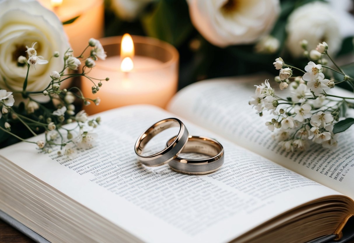 A pair of wedding rings resting on an open book, surrounded by delicate flowers and soft candlelight