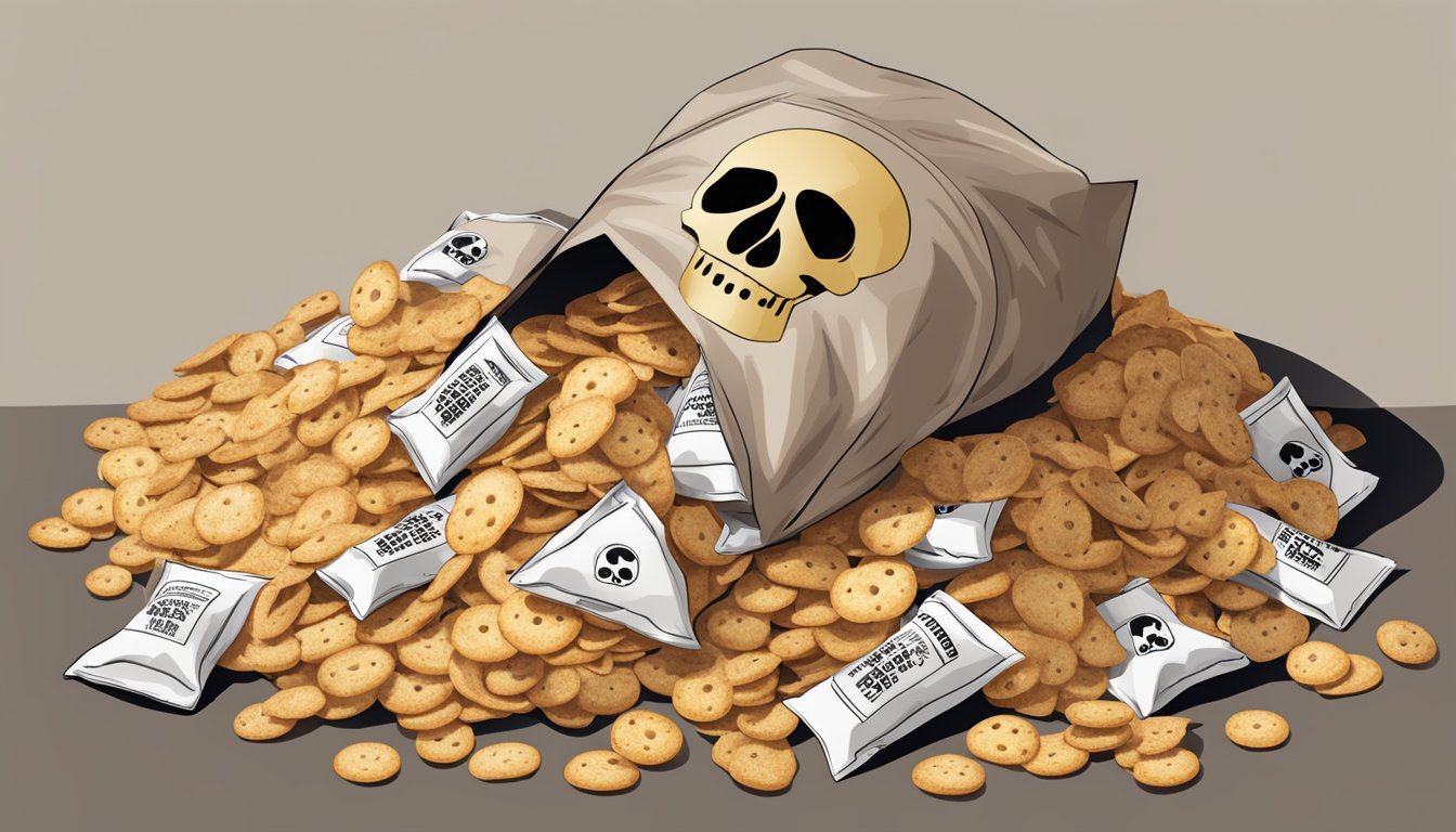 A pile of expired bagel chips spilling out of an open bag, with a warning label and a skull and crossbones symbol