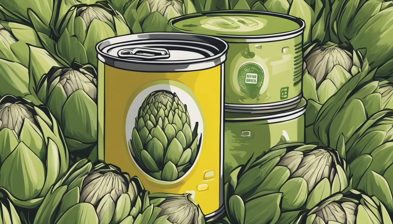 A can of artichokes with an expired date on the label, surrounded by question marks and a cautious expression on a person's face