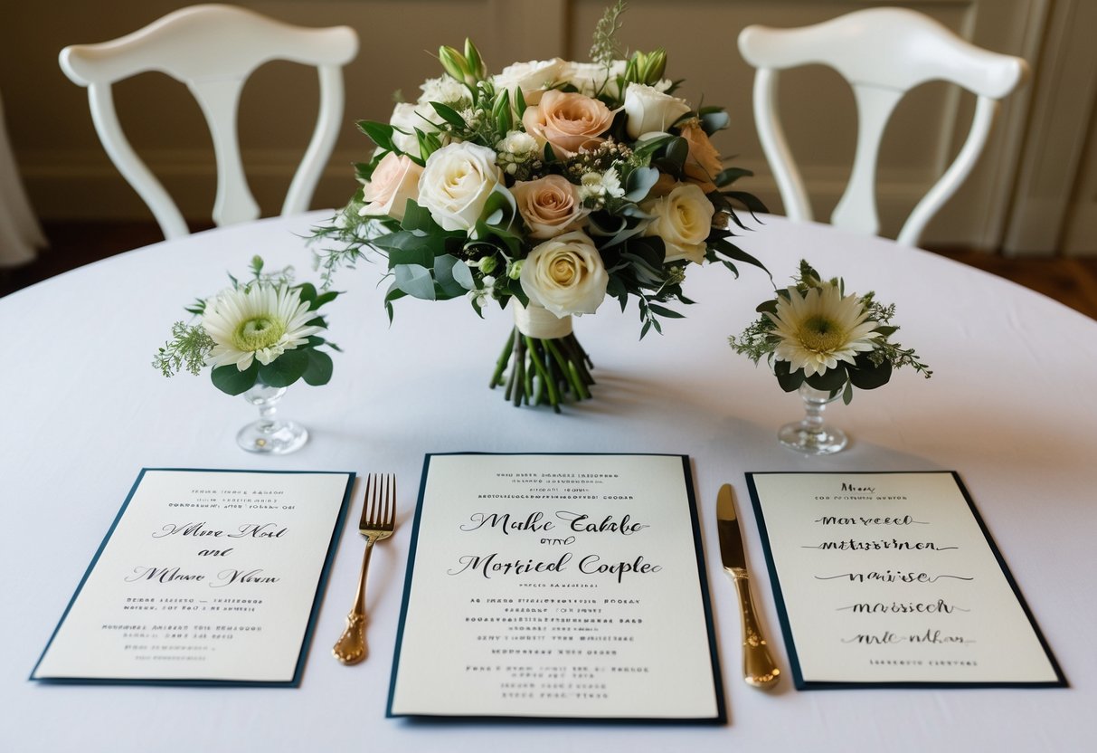 A wedding invitation on a table, with two elegant chairs and a bouquet of flowers, showcasing different variations of a married couple's name