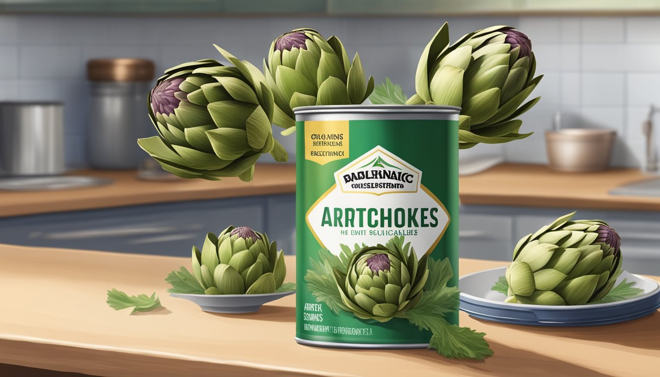 An open can of artichokes with visible signs of spoilage, such as mold or discoloration, sitting on a kitchen counter