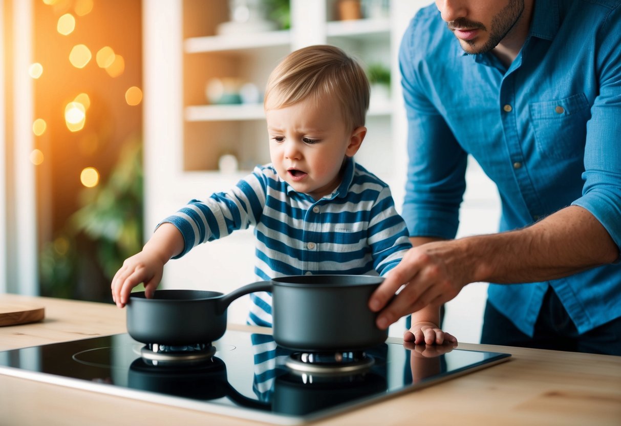 An 18-month-old reaching for a hot stove with a concerned adult nearby
