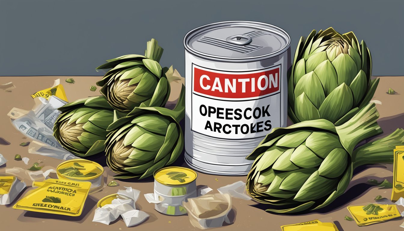 An open can of expired artichokes surrounded by caution signs and a trash bin