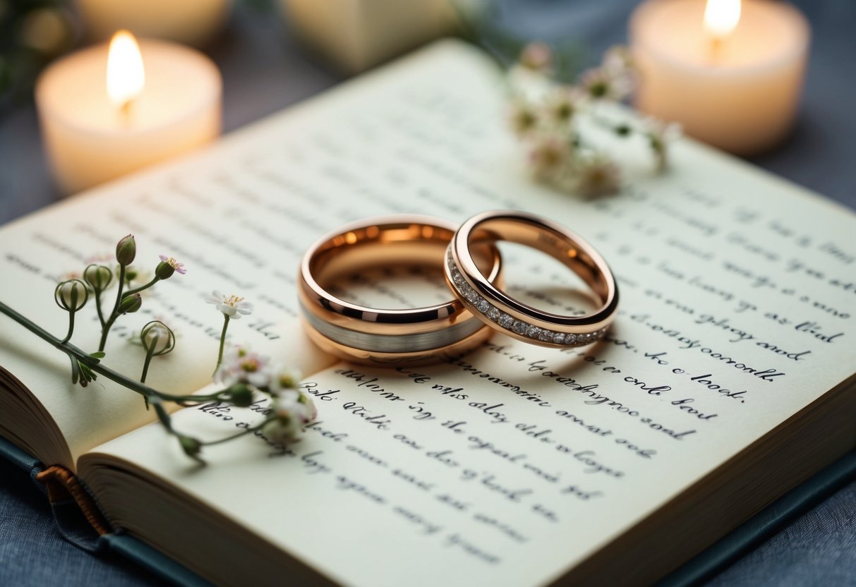 A couple's intertwined rings resting on an open book with handwritten wedding vows, surrounded by delicate flowers and soft candlelight