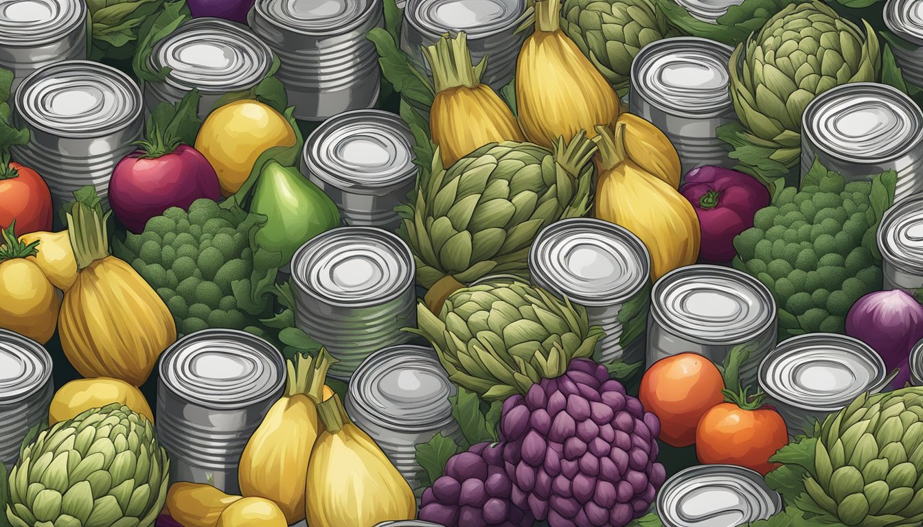 A can of expired artichokes next to a pile of fresh produce, with a question mark above the can