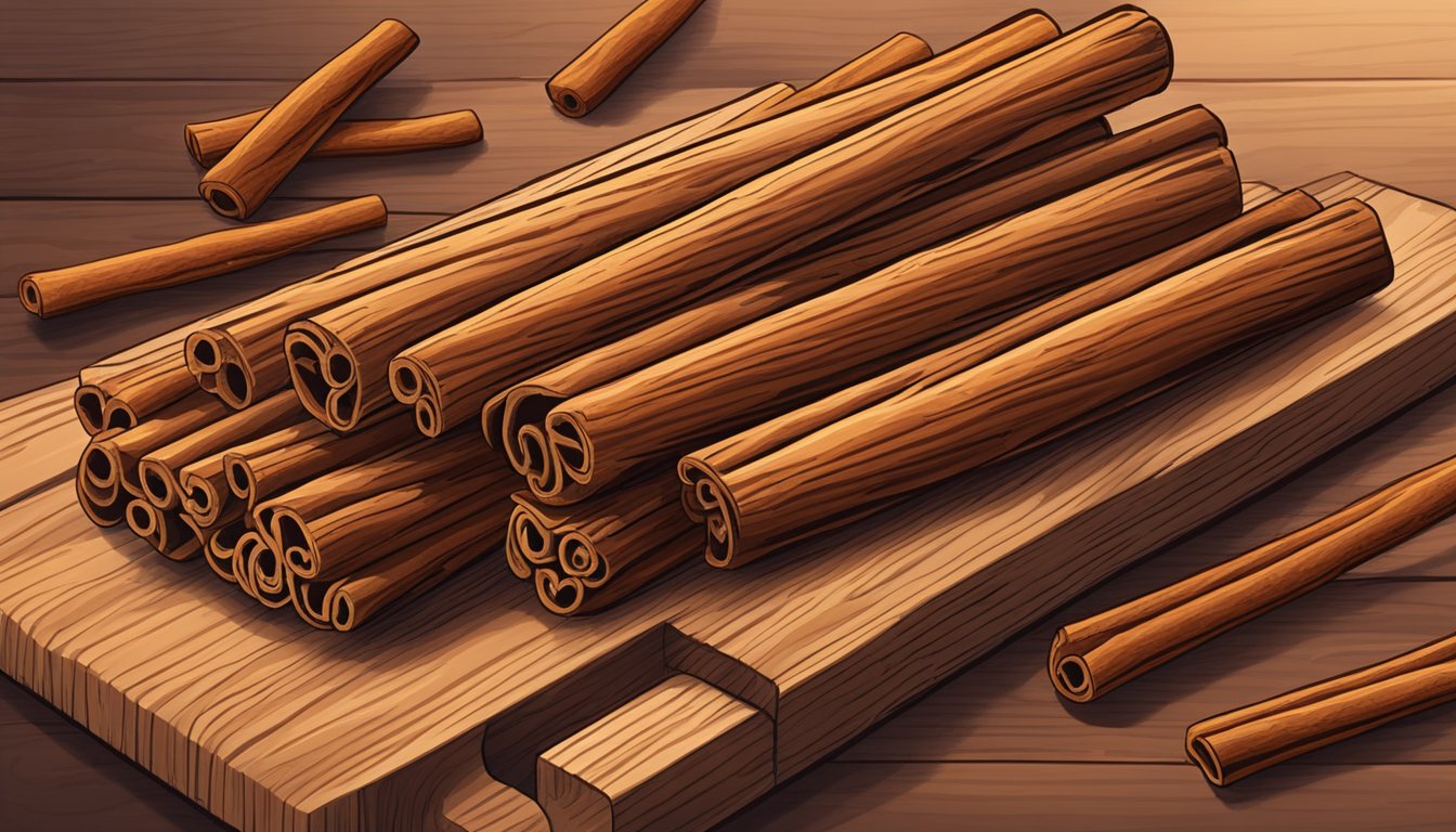 A pile of cinnamon sticks on a wooden cutting board, with a few scattered on the table