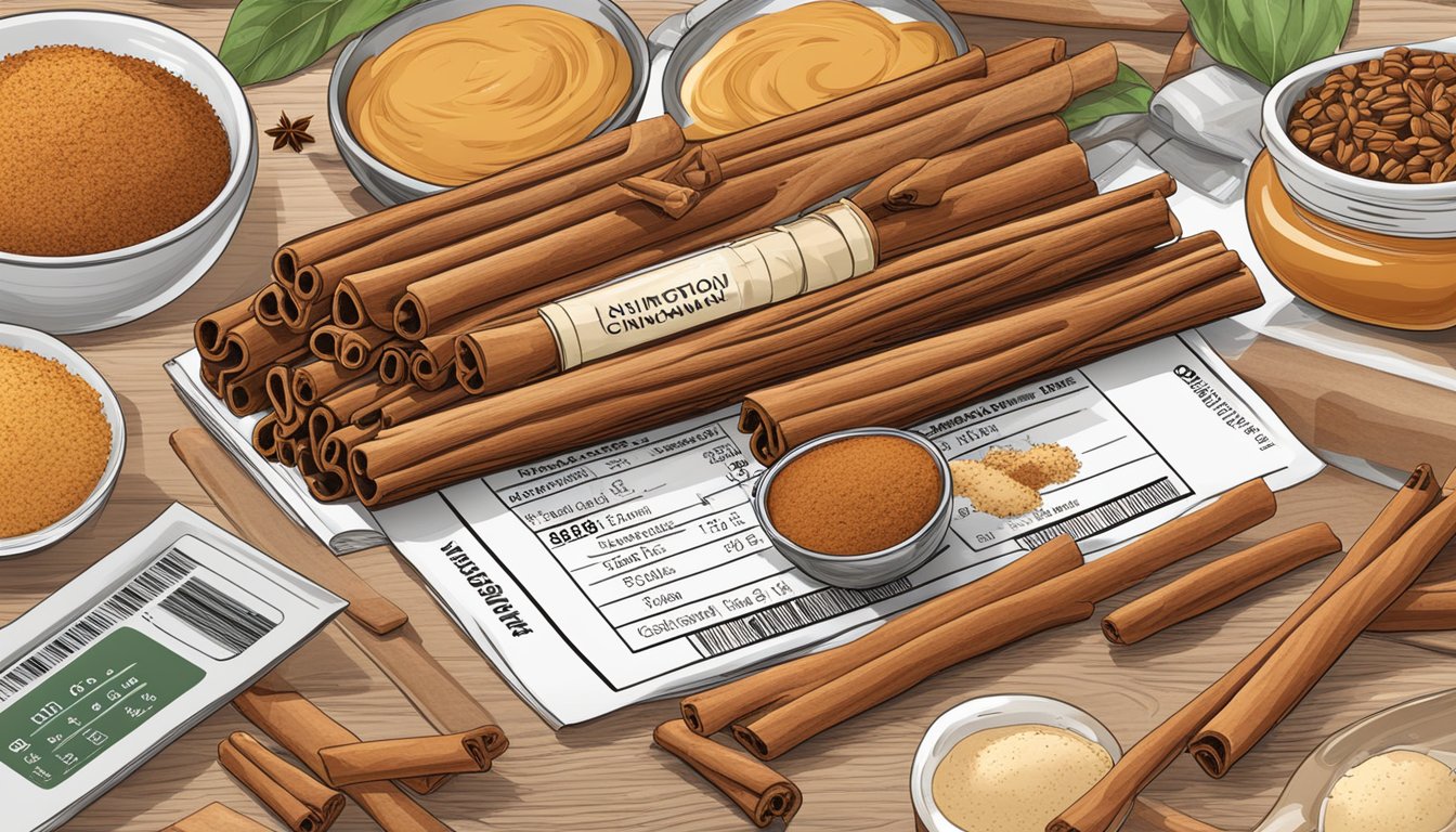 A pile of cinnamon sticks surrounded by various food items and a nutrition label