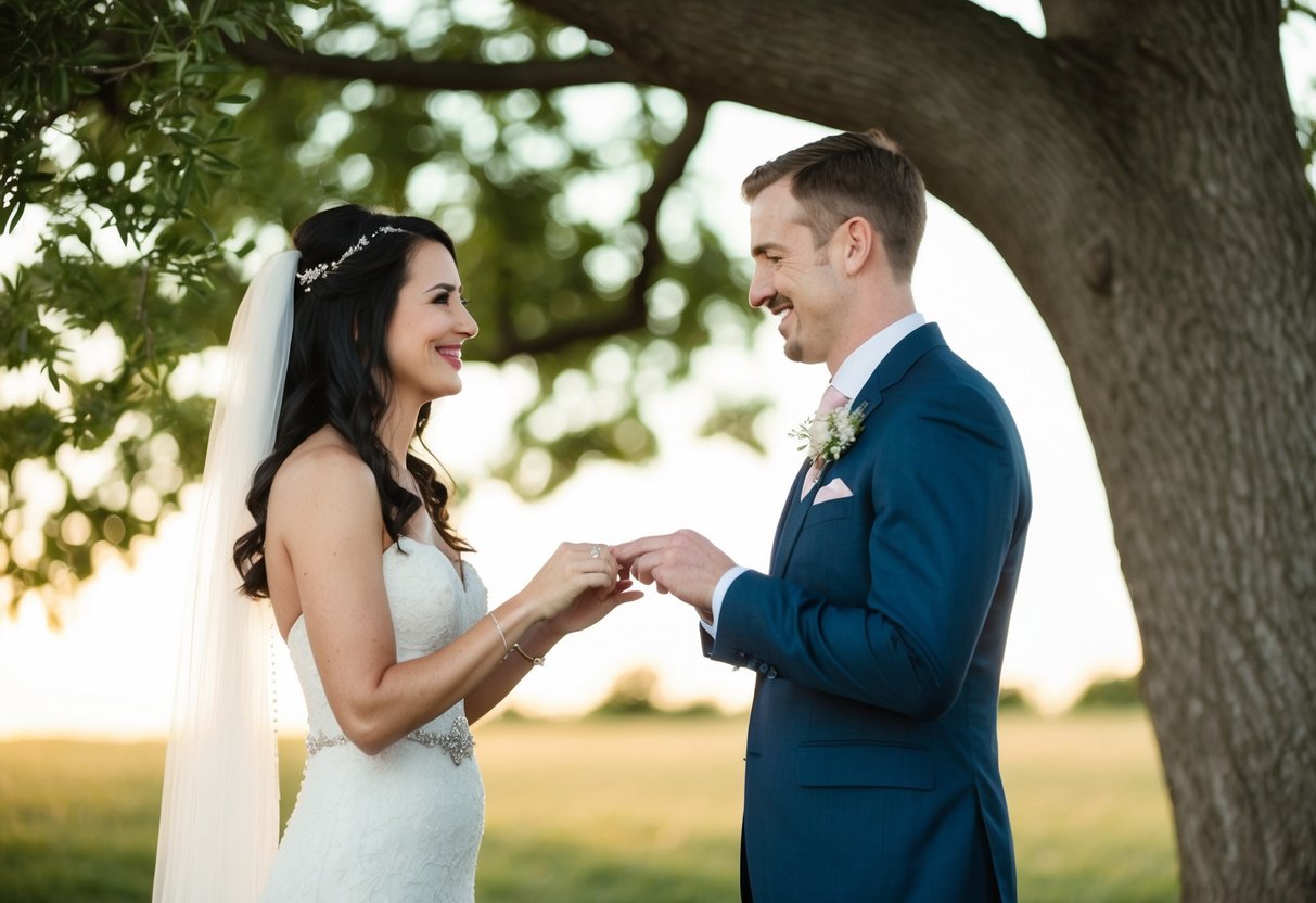A couple standing beneath a tree, exchanging vows with rings