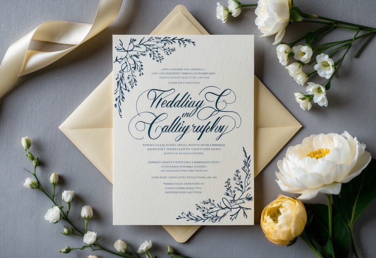 A wedding invitation with elegant calligraphy on thick, cream-colored paper, adorned with a delicate floral design