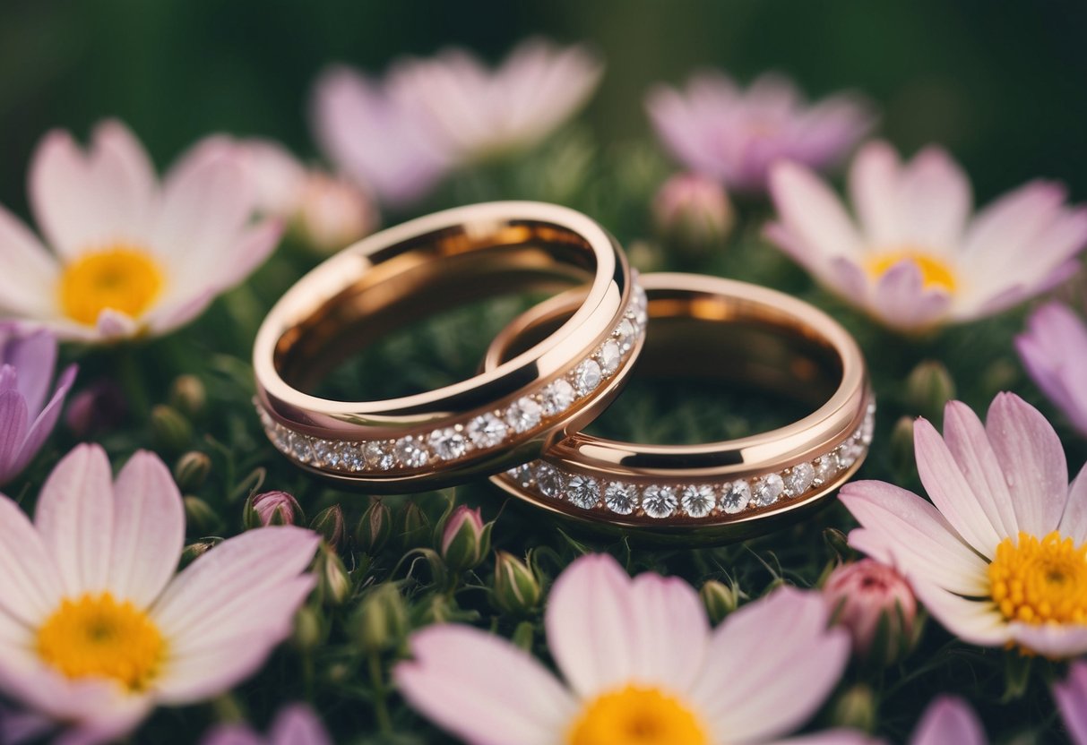 A pair of entwined rings resting on a bed of flowers, symbolizing the eternity and unity of marriage