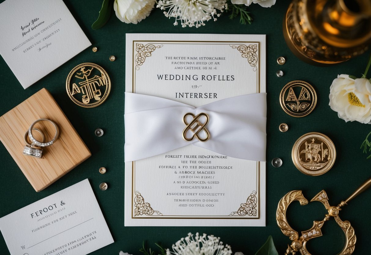 A wedding invitation with two intertwined initials, surrounded by traditional symbols and personal items representing the couple's preferences