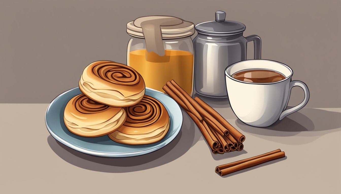 A cozy kitchen with a jar of cinnamon sticks next to a cup of hot tea and a plate of cinnamon buns