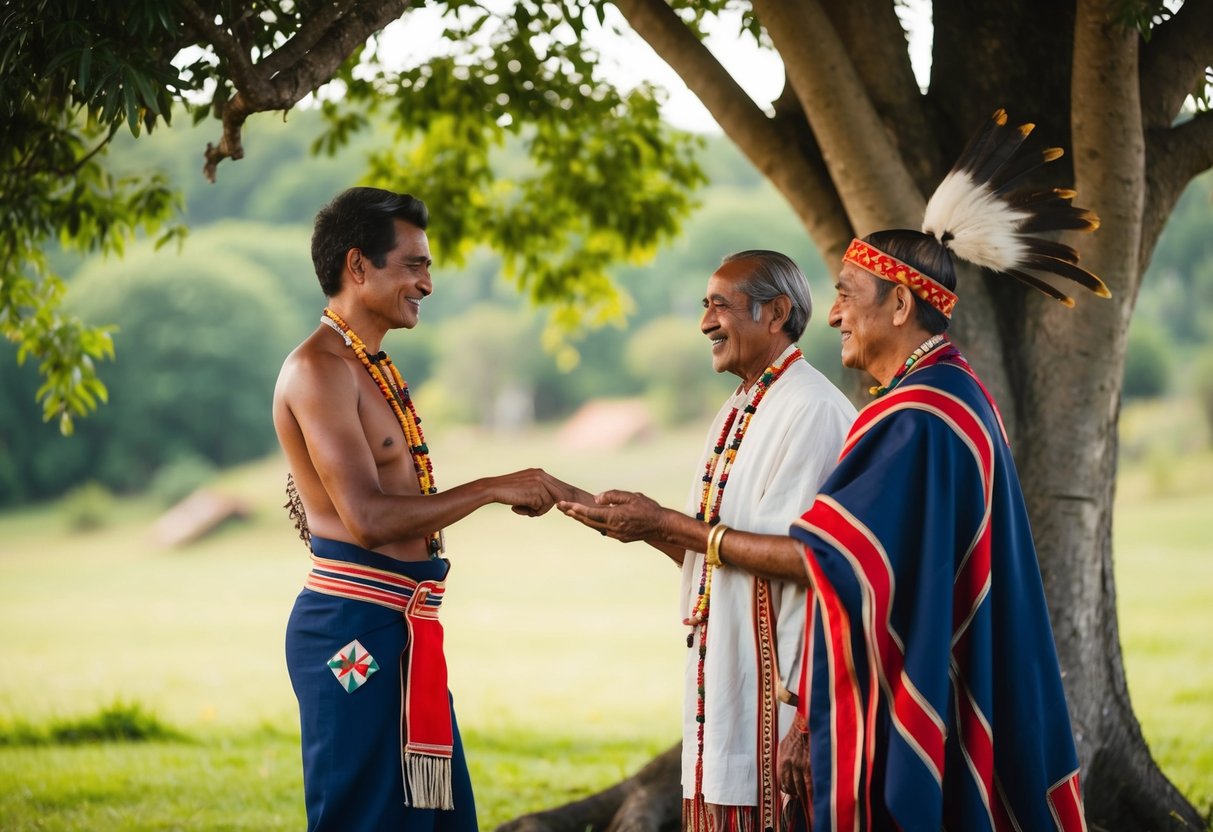 A couple standing before a tribal elder, exchanging promises under a tree